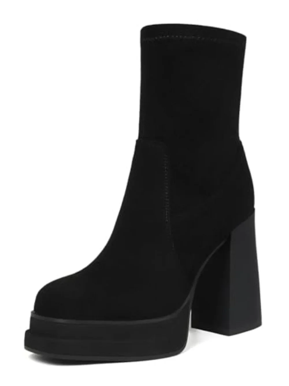 Platform Ankle Boots Chunky High Heel Square Toe Stretchy Combat Booties
